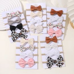 4Pcsset Cotton Linen Leopard Printed Bow Baby Headband For Girls born Headbands Lace Hair Bands Turban Accessories 240515