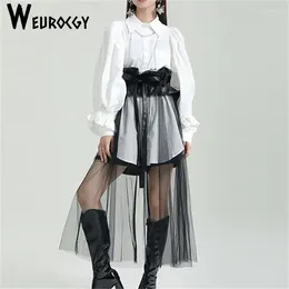 Work Dresses Summer Casual Turn-Down Collar Long Sleeve Single-Breasted Shirt A-Line Women Skirts High Waist Mesh Medium Length Streetwear