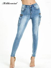 Women's Jeans Spring Summer Pencil Pants Women Fashion Many Pockets Skinny Denim Washed Mid-waist Stretch Blue