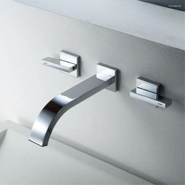 Bathroom Sink Faucets Modern Basin Set 3 Hole Chrome Brass Double Handle Wall Mounted Faucet Cold Tap In-Wall