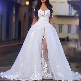 2020 Arabic White Elegant Off The Shoulder Wedding Dresses with Overskirt Long Sleeve Lace Bridal Dress Wedding Ball Gowns Detachable T 274Q