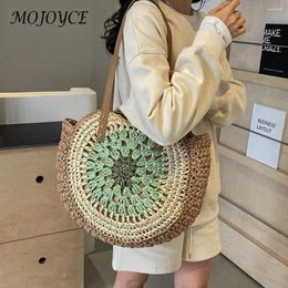 Shoulder Bags Round Casual Tote Bag With Color Collision Vacation Trendy Large Woven Beach Holiday Travel Handbag For Women And Girls