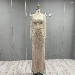 Party Dresses YQLNNE Elegant Square Collar Crystal Evening Long Sleeves Mermaid Pearls Nude Tulle Formal Gown Lace-up