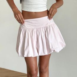 Skirts Women Bubble Mini Skirt Elastic Waist Pleated Ruffle Hem Solid Color A Line Lantern Short Summer Y2k Streetwear