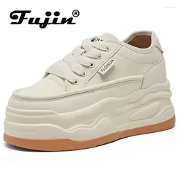 Casual Shoes Fujin 8.5cm Cow Genuine Leather Women White Platform Wedge Hidden Heel Vulcanize Chunky Sneakers Skateboard