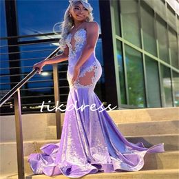 Graceful Lilac Velvet Prom Dresses For Black Girls Aso Ebi Mermaid Evening Dress O Neck Illusion Side African Birthday Party Gowns Plus Size Robe De Soiree 2024