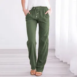 Women's Pants 2024 Summer Cotton Linen Drawstring Loose Wide-Leg Long Trousers With Pocket Daily Wear