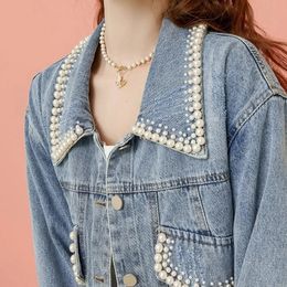 Xpqbb Light Blue Denim Jacket for Women Autumn Pearls Short TurnDown Collar Coat Female Korean Loose Casual Jackets 240430