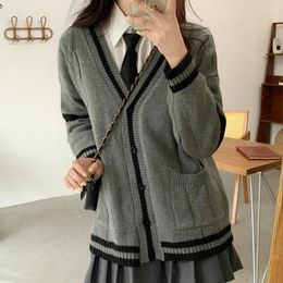 Women's Knits Varsity Cardigan For Women Schoolgirl Long Sleeve V-Neck Button Down Sweater Jacket In Grey Fall Winter Vintage Preppy Outfit