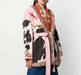 Women039s Knits Tees Boho Inspired Jacquard Cashmere Belted Cardigan Women Warm Fringed Winter Coat Oversized Long Sleeve Swe4531767
