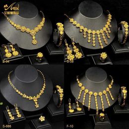 Wedding Jewelry Sets ANIID India 24k Gold Flower Necklace Earrings Bracelet Ring Set Elegant Bridal