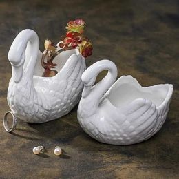 Planters Pots White Ceramic Flower Pot Swan Succulent Plant Pot Candlestick Jewellery Storage Tray Flowerpot White Porcelain Vase Decoration J240515