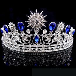 Retro Royal Blue Wedding Crown Tiara Headdress For Prom Quinceanera Party Wear Crystal Beaded Updo Half Hair Ornaments Bridal Jewellery 2 298g