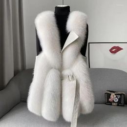 Women's Fur Faux Jacket Fall And Winter Fashion Sleeveless Thickened Vest Fluffy Warm Loose Lacing V-Neck Mid-Length
