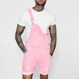 Pink Denim Overall Shorts for Men Fashion Hip Hop Streetwear Mens Jeans Overall Shorts Plus Size Summer Short Jean Jumpsuits 240517