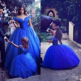 Royal Blue Princess Wedding Flower Girl Dresses Puffy Tutu Off Shoulder Sparkly Crystals Toddler Little Girls Pageant Communion Dress 217z
