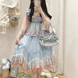 Work Dresses Blue Sweet Lolita Style Two -piece Set Women Japanese Kawaii Flower Embroidery Camis Top Retro Elegant High Waist Mid Skirt