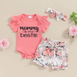 Clothing Sets MISOWMNJOY Born Clothes For Baby Girls Outfits Summer Letter Print Ribbed Short Sleeve Romper Floral Shorts Headband Kid Set