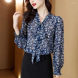 Women's Polos M216 Floral Chiffon Shirt Top 2024 Autumn Fashionable Western Style Beautiful Small Long Sleeve T-shirt