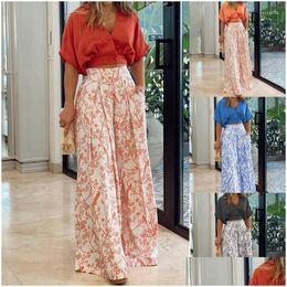 Womens Two Piece Pants 2023 Women 2 Set Summer Fashion Elegant Bat Sleeve Shirt And Floral Print Wide Leg Pant Casual Streetwear Dro Dhjlu