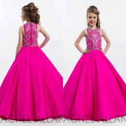 Hot Fuchsia Sparkly Princess Girls Pageant Dresses for Teens Beading Rhinestone Floor Length Flower Kids Formal Wear Prom Dresses 218A