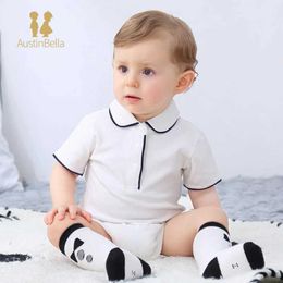 Rompers AustinBella Wholesale Baby Boys Summer Clothing Baby Newborns and Children Short sleeved jumpsuits Cotton Tight fitting clothes d240516