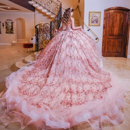 Light Pink Puffy Princess Quinceanera Dresses 2024 Off Shoulder 3D Floral Beads Tull Gillter Sequins Lace-up Vestidos 15 anos rosa