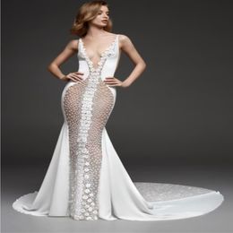 Sexy See Through Mermaid Wedding Dresses 2022 Deep V-neck 3D Floral Lace Sweep Train Beach Boho Bridal Reception Gown 193j