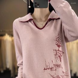 Women's Polos Spring And Autumn Cotton Yarn Female V-Neck Korean Sweater Loose Knit Bottoming Shirt Printed POLO Neck Pullover