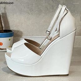 Sandals Ahhlsion Handmade Women Glossy Comfort Wedges Heels Peep Toe Beautiful White Party Shoes Ladies US Size 5-20