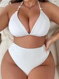 Women's Swimwear 2024 Women Large Size Swimsuit Black White Pearls Strap Push Up High Waist Bikini Set Summer Beach Bathing Suit Tankini