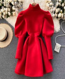 Autumn Winter Puff Long Sleeve Dresses For Women Party Christmas Turtleneck Slim ALine Elegant Year Woman Red Dress 2201182316205