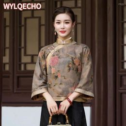 Ethnic Clothing Cheongsam Women's Plus Size Tops 2024 Autumn Fashion Satin Fabric Prints Splicing Stand Collar Chinese Style Qipao Shirts