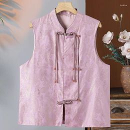 Ethnic Clothing Chinese Style Button Improved Vest Spring Autumn Satin Vintage Printed Top Traditional Mandarin Collar Loose Casual Coat