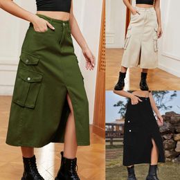 Skirts Women Casual Cargo Denim Holiday Party Women'S Jeans High Waist Solid Colour Skirt Front Slit Mid Length