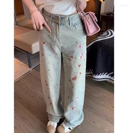 Women's Jeans Washed Women Drill Embroidered High Waist Straight Loose Wide Leg Denim Pants Trousers Floral Mom Light Blue