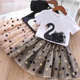 Clothing Sets Summer baby girl clothing set cotton cartoon swan T-shirt+sequin dress 2PCS set childrens fashion princess childrens dress set WX