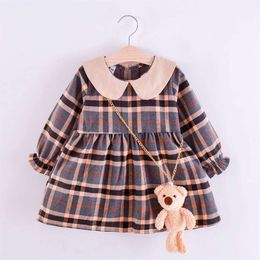 Spring And Autumn Girls' Long Sleeve 2 Pieces/Set Total Little Bear Pendant Academy Style Pattern Doll Neck Daily Dress L2405