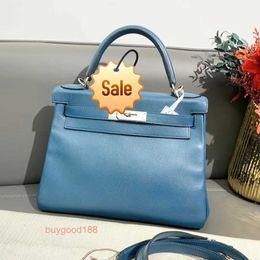 Top Ladies Designer eKolry Bag New 28 Duck Blue Leather Silver Buckle T-Cut Handheld Bag