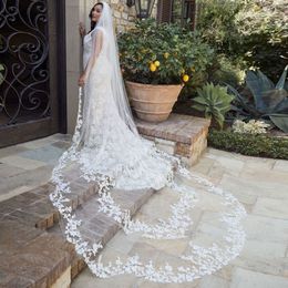 Unique 3M Waved Cathedral Wedding Veils Lace Appliqued Edge Soft Tulle One Layer Long Bridal Veil With Comb 212t