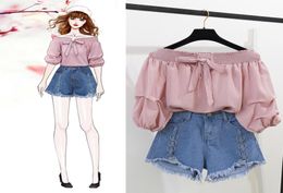 Summer New Shoulder Loose Half Lantern Sleeve Solid Cute Blouse Jean Shorts Two-Piece Outfit Casual Sets T2006223986746