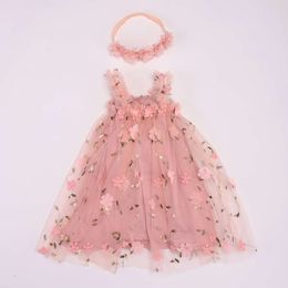 Toddler Baby Girls Tutu Sleeveless Embroidery Floral Print Tulle Dress Little Girl Princess Dresses with Flower Headband L2405