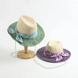 Berets 202405-2508751 Ins Chic Summer Natural Forest Colored Raffia Grass Pearl Chain Holiday Lady Fedoras Cap Women Leisure Sun Hat