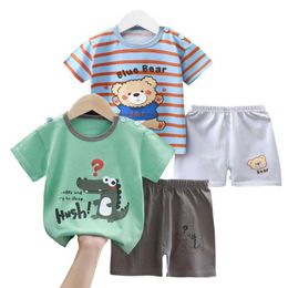 Clothing Sets T-shirt+shorts 2-piece set 100% soft cotton striped short sleeved summer baby boy cartoon car Pyjamas casual clothing set 1-6 years WX