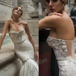 Netta Benshabu Elegant Mermaid Wedding Dresses Strapless Crystal Applique Pearls Sequins Beads Wedding Dress Sweep Train Bridal Gowns 275w