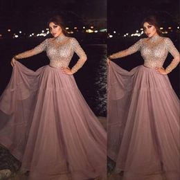2021 Sexy High Neck Dusty Pink Muslim Evening Dresses Wear illusion Long Sleeves Crystal beaded Plus Size Tulle Arabic Formal Dress for 287w