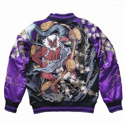 Men's Jackets Fujin Vs Raijin Purple Men Boys Heavy Work Embroidered Sukajan Souvenir Jacket High Street Quality Coats Autumn Spring