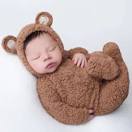 Newborn Photography Bonnet Pama Set Infant Photo Props Brown Plush Bear Ear Hat Romper Photoshoot Outfit New Born L2405