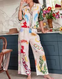 Women's Two Piece Pants 2024 Summer Women Fashion Printed Long Sleeves Shirt Sets Casual Loose High Waist Wide Leg Suit Beach Holiday Lady