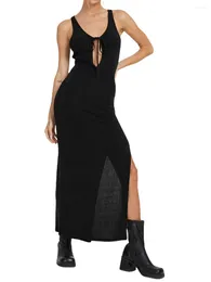 Casual Dresses Women Long Bodycon Dress Solid Colour V-Neck Cutout Tie-Up Sleeveless Summer High Slit Party